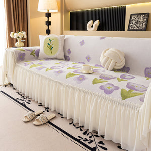 Ruffled Sweet Floral Sofa Cover with Skirt, Soft and Decorative Couch Throw Cover