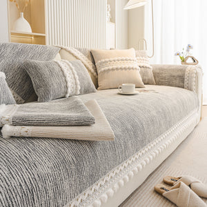 Soft Chenille Sectional Sofa Cover with Pom Pom Trim – Non-Slip Couch Protector