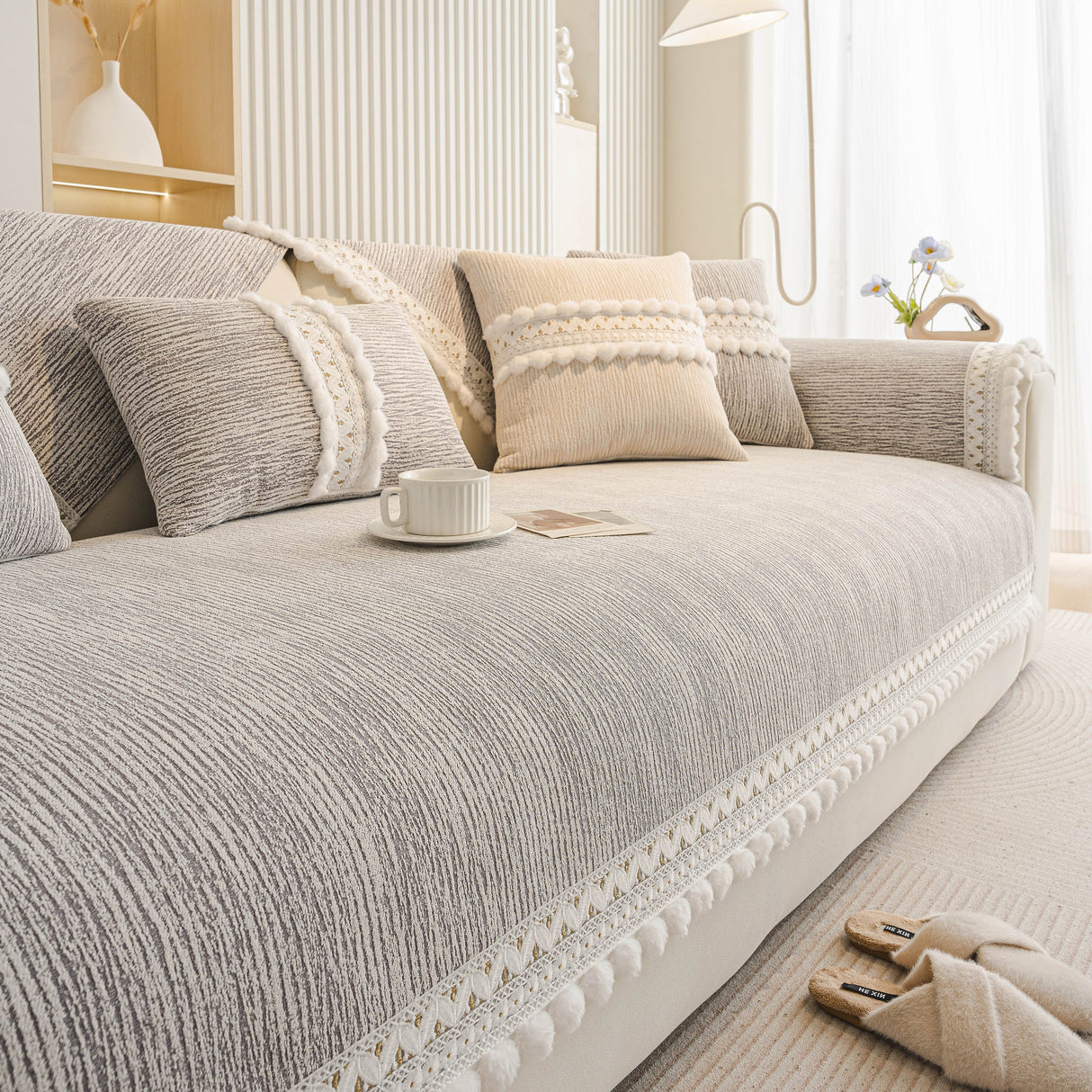 Soft Chenille Sectional Sofa Cover with Pom Pom Trim – Non-Slip Couch Protector