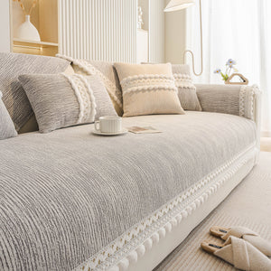 Soft Chenille Sectional Sofa Cover with Pom Pom Trim – Non-Slip Couch Protector