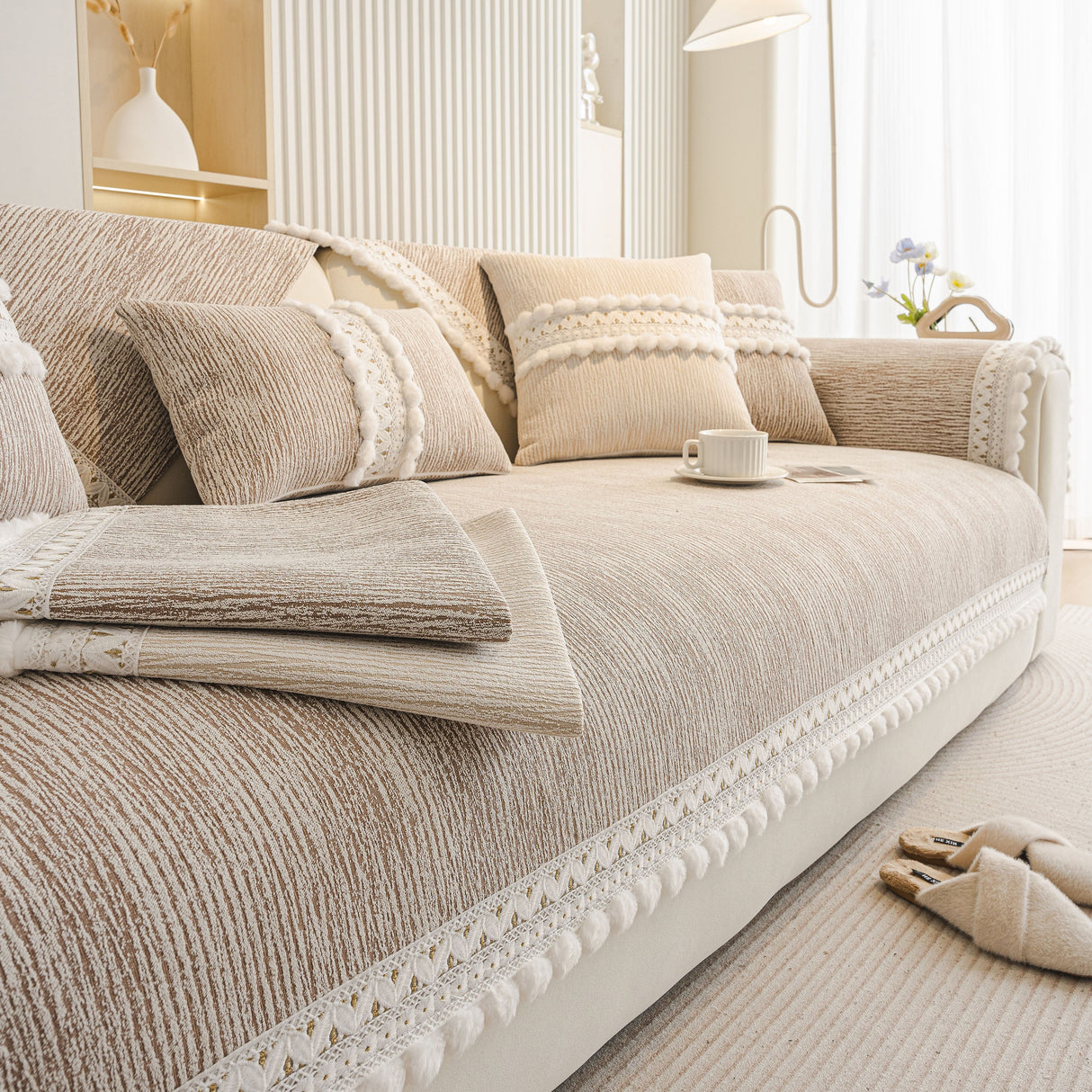 Soft Chenille Sectional Sofa Cover with Pom Pom Trim – Non-Slip Couch Protector