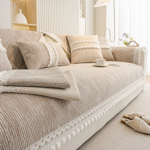 Soft Chenille Sectional Sofa Cover with Pom Pom Trim – Non-Slip Couch Protector