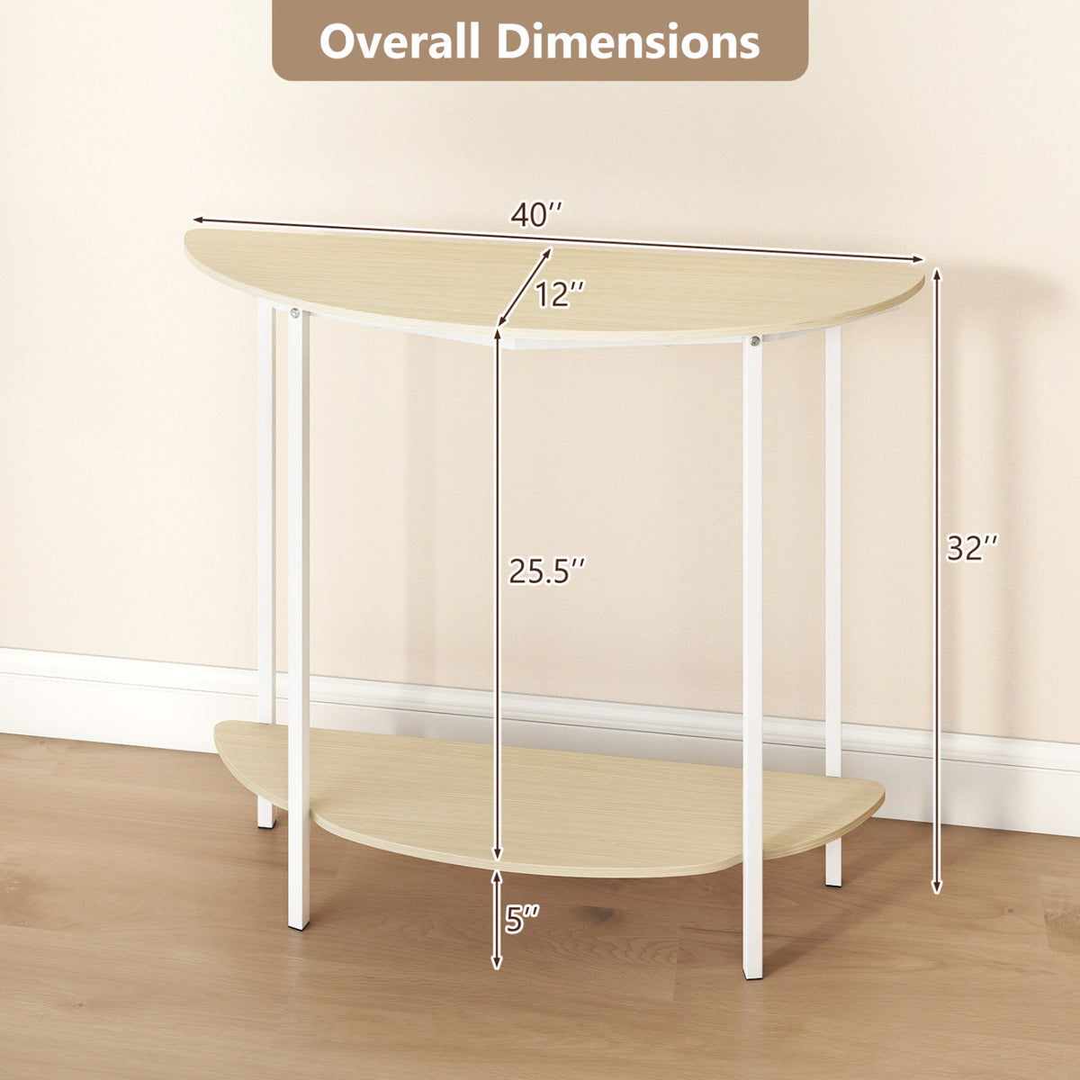 Half Moon Console Table 40 inch 2-Tier Entryway Table with Storage Shelf-Oak