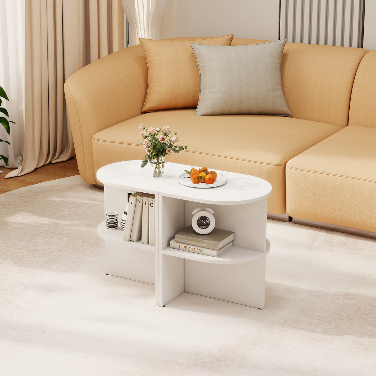 Half Round End Table with Open Shelves for Small Space-White