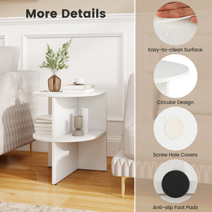 Half Round End Table with Open Shelves for Small Space-White