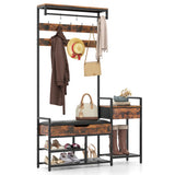 70 Inch Hall Tree with Shoe Storage Bench Freestanding Coat Rack-Rustic Brown