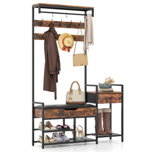 70 Inch Hall Tree with Shoe Storage Bench Freestanding Coat Rack-Rustic Brown