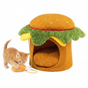 Hamburger Cat Nest with Chicken Drumstick Toy and Removable Cushion for Indoor Cats-Yellow