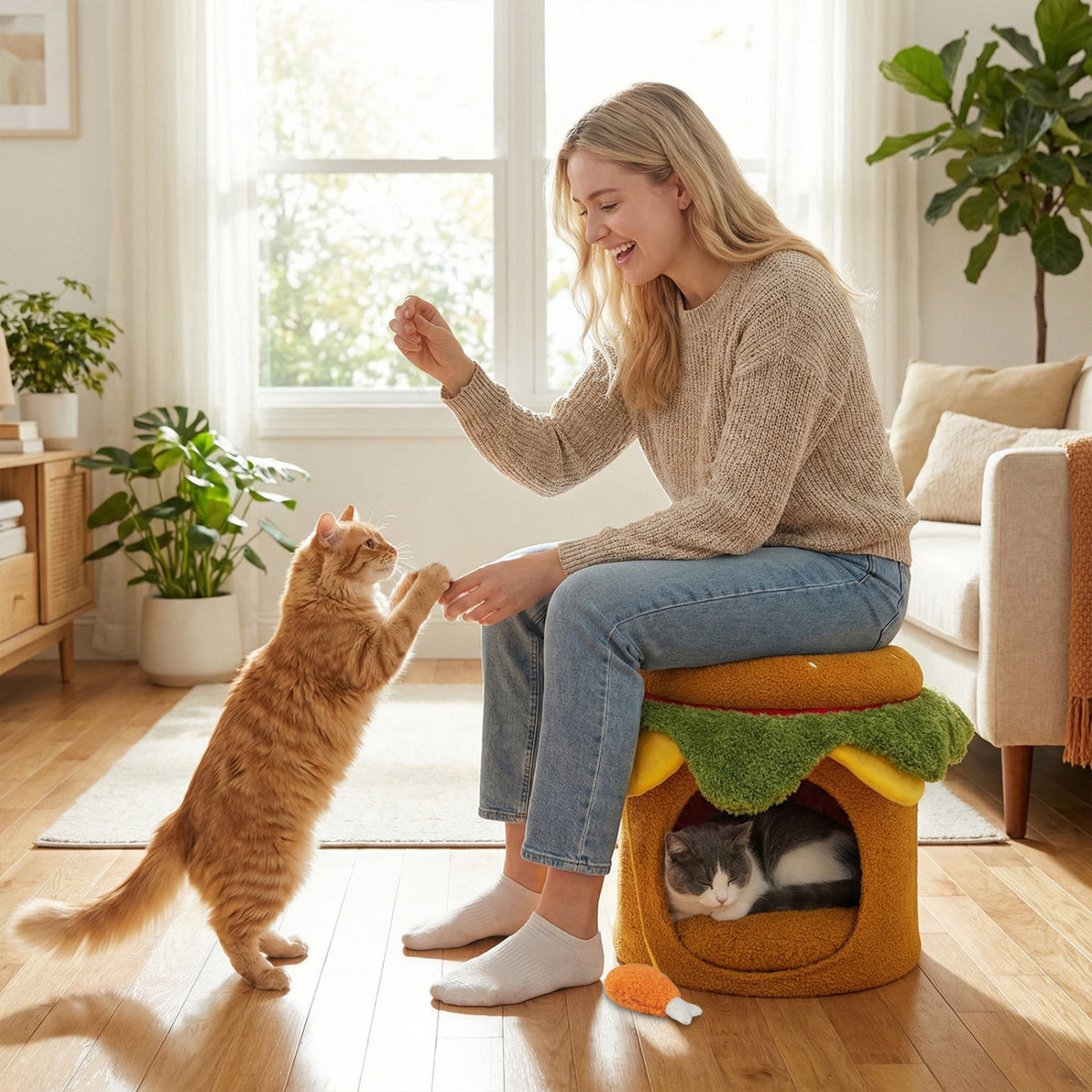 Hamburger Cat Nest with Chicken Drumstick Toy and Removable Cushion for Indoor Cats-Yellow