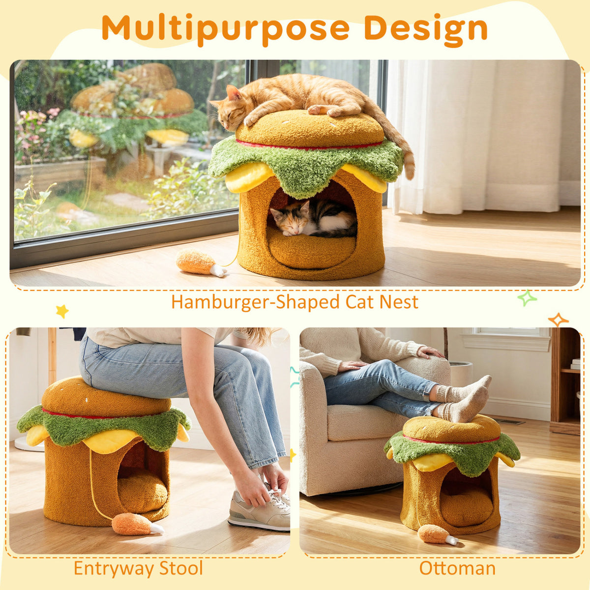 Hamburger Cat Nest with Chicken Drumstick Toy and Removable Cushion for Indoor Cats-Yellow