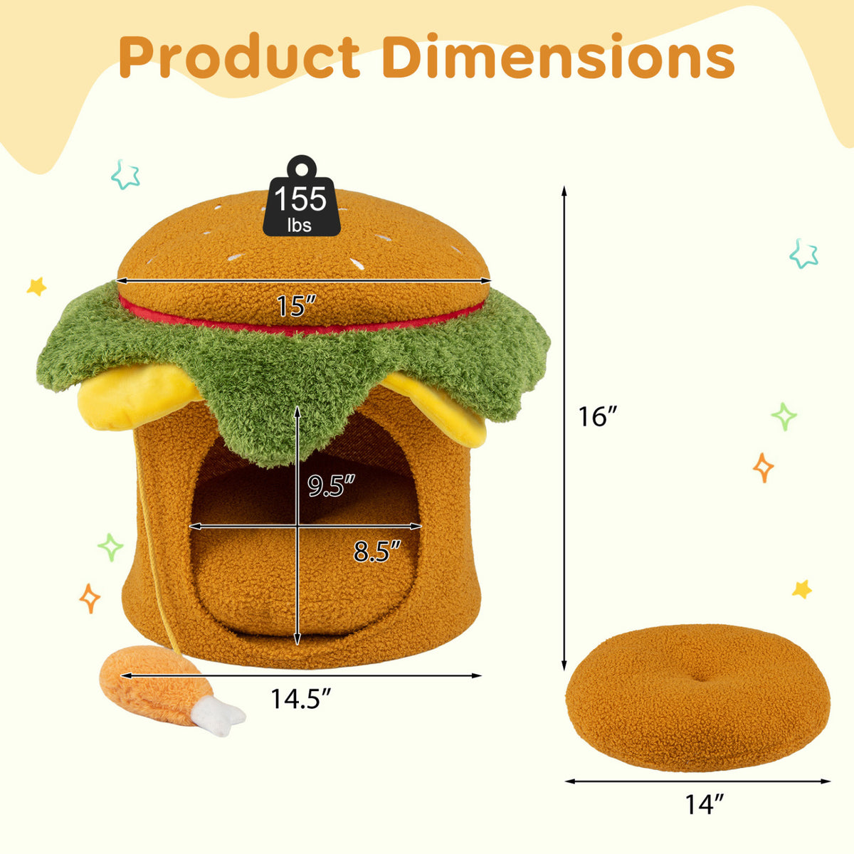 Hamburger Cat Nest with Chicken Drumstick Toy and Removable Cushion for Indoor Cats-Yellow