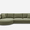 A modern green sectional sofa with a curved chaise lounge on the left. It features three seat cushions and four matching throw pillows. The sofa is set against a plain white background.