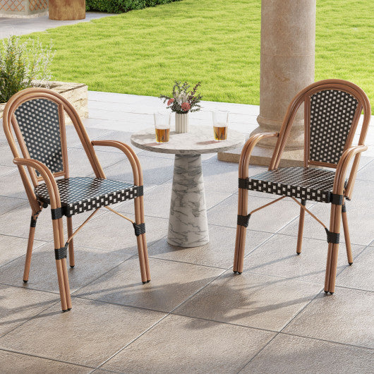 Hand-Woven PE Wicker Outdoor French Bistro Chairs Set of 2-Black