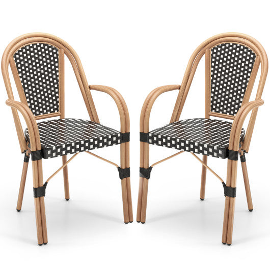 Hand-Woven PE Wicker Outdoor French Bistro Chairs Set of 2-Black