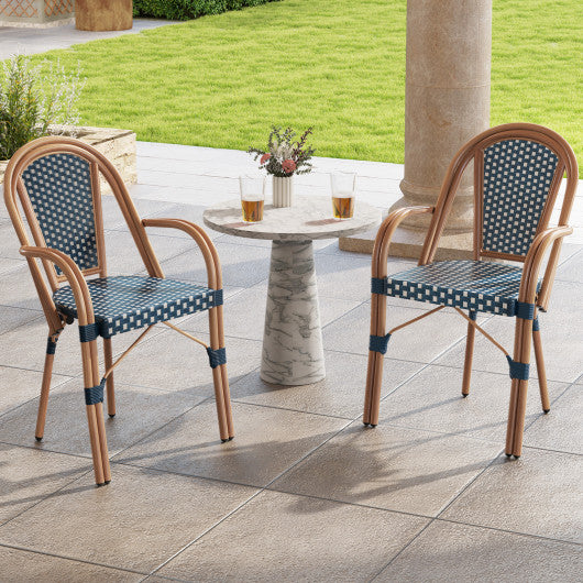 Hand-Woven PE Wicker Outdoor French Bistro Chairs Set of 2-Blue