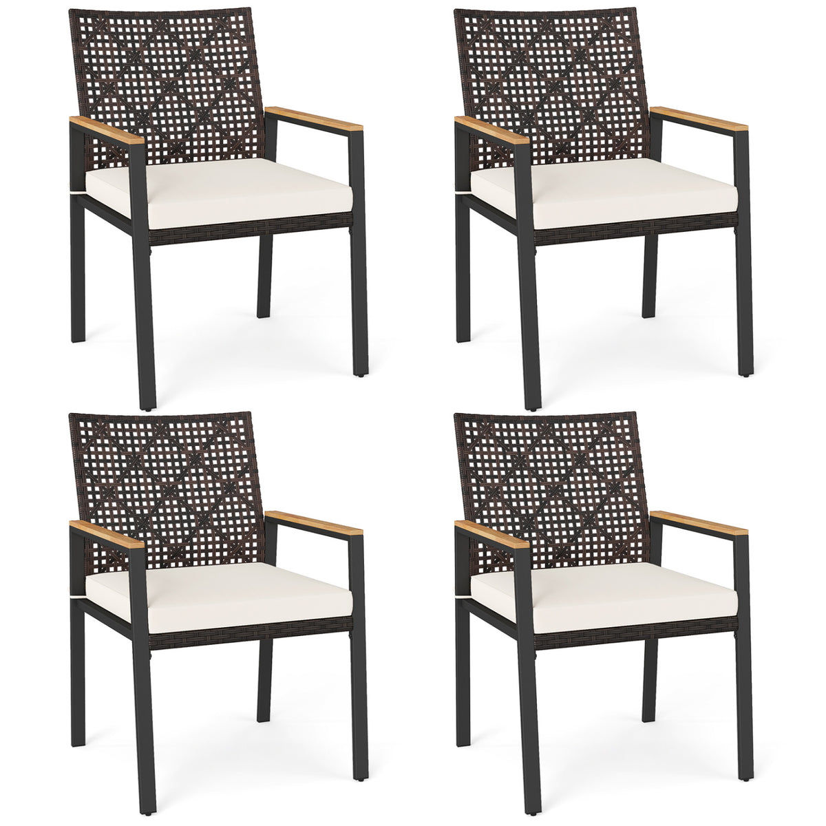 Hand-Woven PE Patio Dining Chairs Set of 4 with Acacia Wood Armrests for Yard-Beige