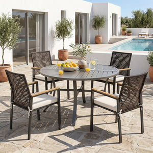 Hand-Woven PE Patio Dining Chairs Set of 4 with Acacia Wood Armrests for Yard-Beige
