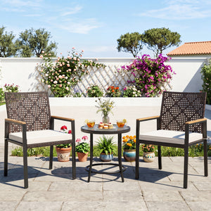 Hand-Woven PE Patio Dining Chairs Set of 4 with Acacia Wood Armrests for Yard-Beige