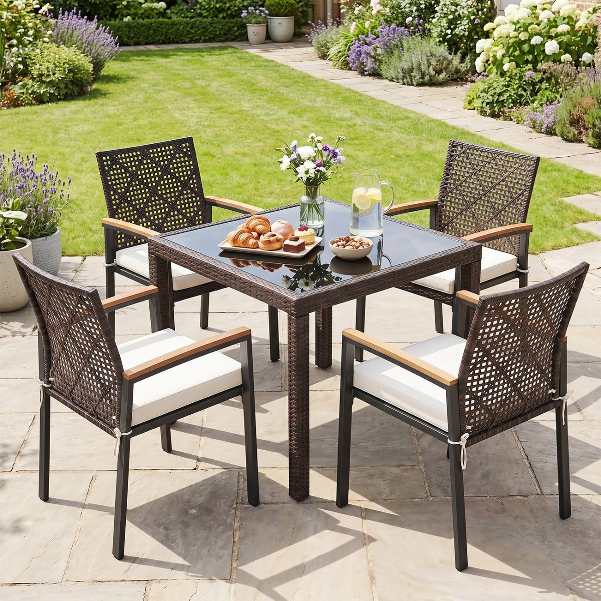 Hand-Woven PE Patio Dining Chairs Set of 4 with Acacia Wood Armrests for Yard-Beige