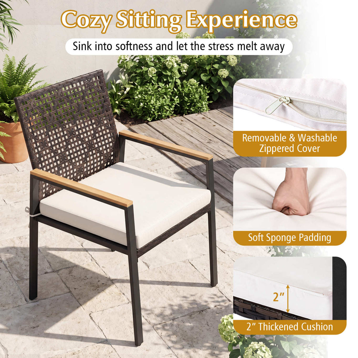 Hand-Woven PE Patio Dining Chairs Set of 4 with Acacia Wood Armrests for Yard-Beige