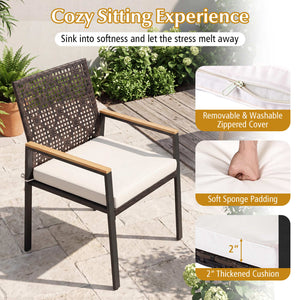 Hand-Woven PE Patio Dining Chairs Set of 4 with Acacia Wood Armrests for Yard-Beige