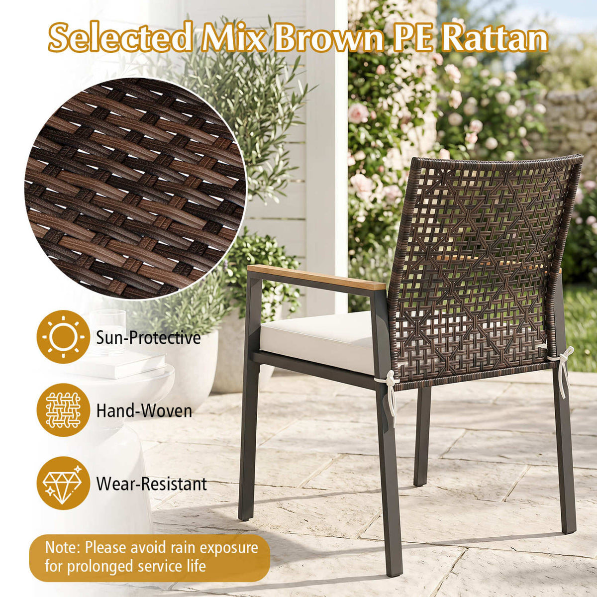 Hand-Woven PE Patio Dining Chairs Set of 4 with Acacia Wood Armrests for Yard-Beige