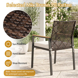 Hand-Woven PE Patio Dining Chairs Set of 4 with Acacia Wood Armrests for Yard-Beige
