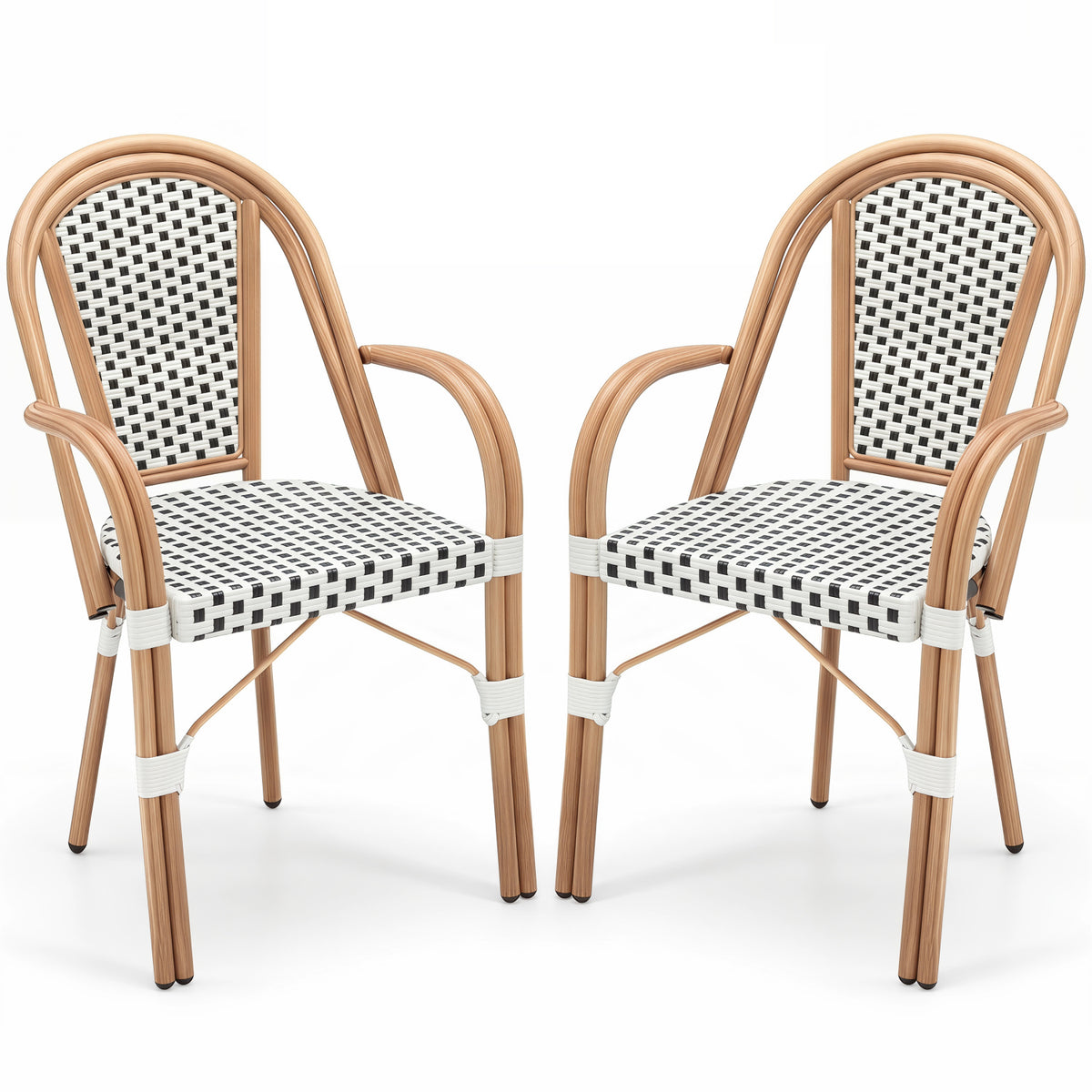 Hand-Woven PE Wicker Outdoor French Bistro Chairs Set of 2-White