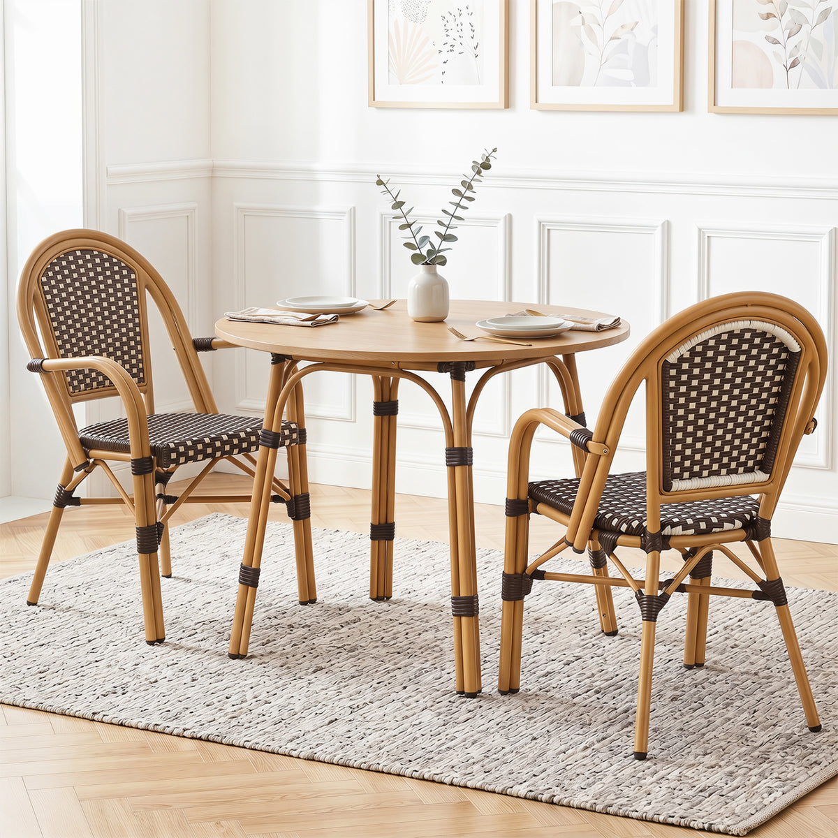 Hand-Woven PE Wicker Outdoor French Bistro Chairs Set of 2-Brown