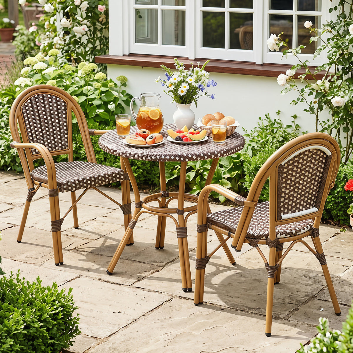Hand-Woven PE Wicker Outdoor French Bistro Chairs Set of 2-Brown