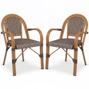 Hand-Woven PE Wicker Outdoor French Bistro Chairs Set of 2-Brown