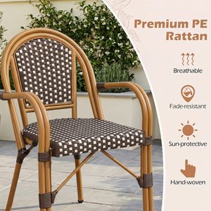 Hand-Woven PE Wicker Outdoor French Bistro Chairs Set of 2-Brown