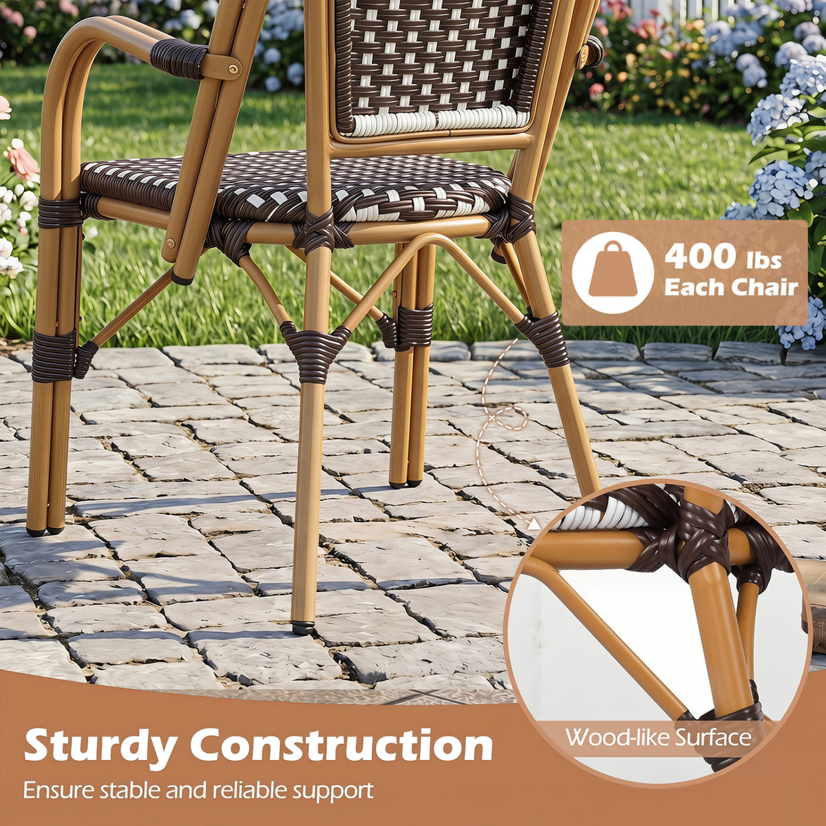 Hand-Woven PE Wicker Outdoor French Bistro Chairs Set of 2-Brown