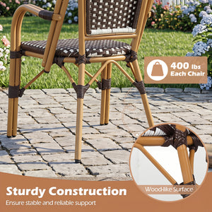 Hand-Woven PE Wicker Outdoor French Bistro Chairs Set of 2-Brown
