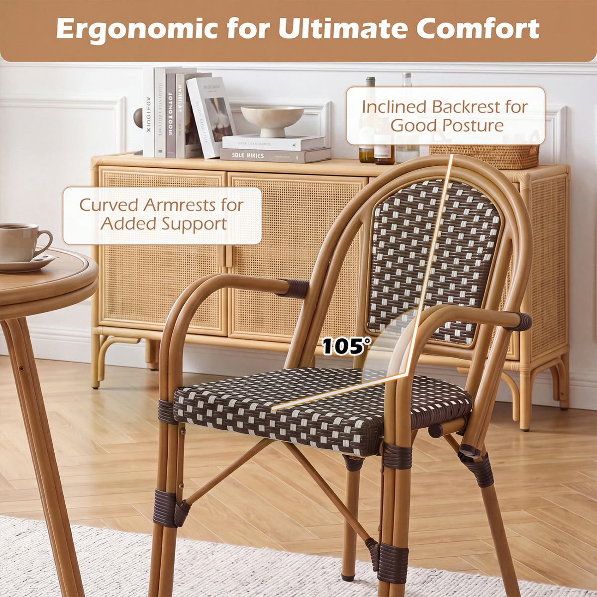 Hand-Woven PE Wicker Outdoor French Bistro Chairs Set of 2-Brown