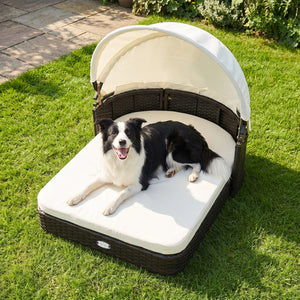 Handwoven Rattan Pet Daybed with 2 Detachable Soft Cushions for Small and Medium Dogs-White