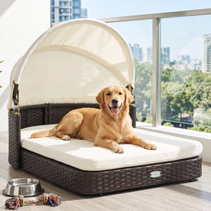 Handwoven Rattan Pet Daybed with 2 Detachable Soft Cushions for Small and Medium Dogs-White