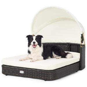 Handwoven Rattan Pet Daybed with 2 Detachable Soft Cushions for Small and Medium Dogs-White