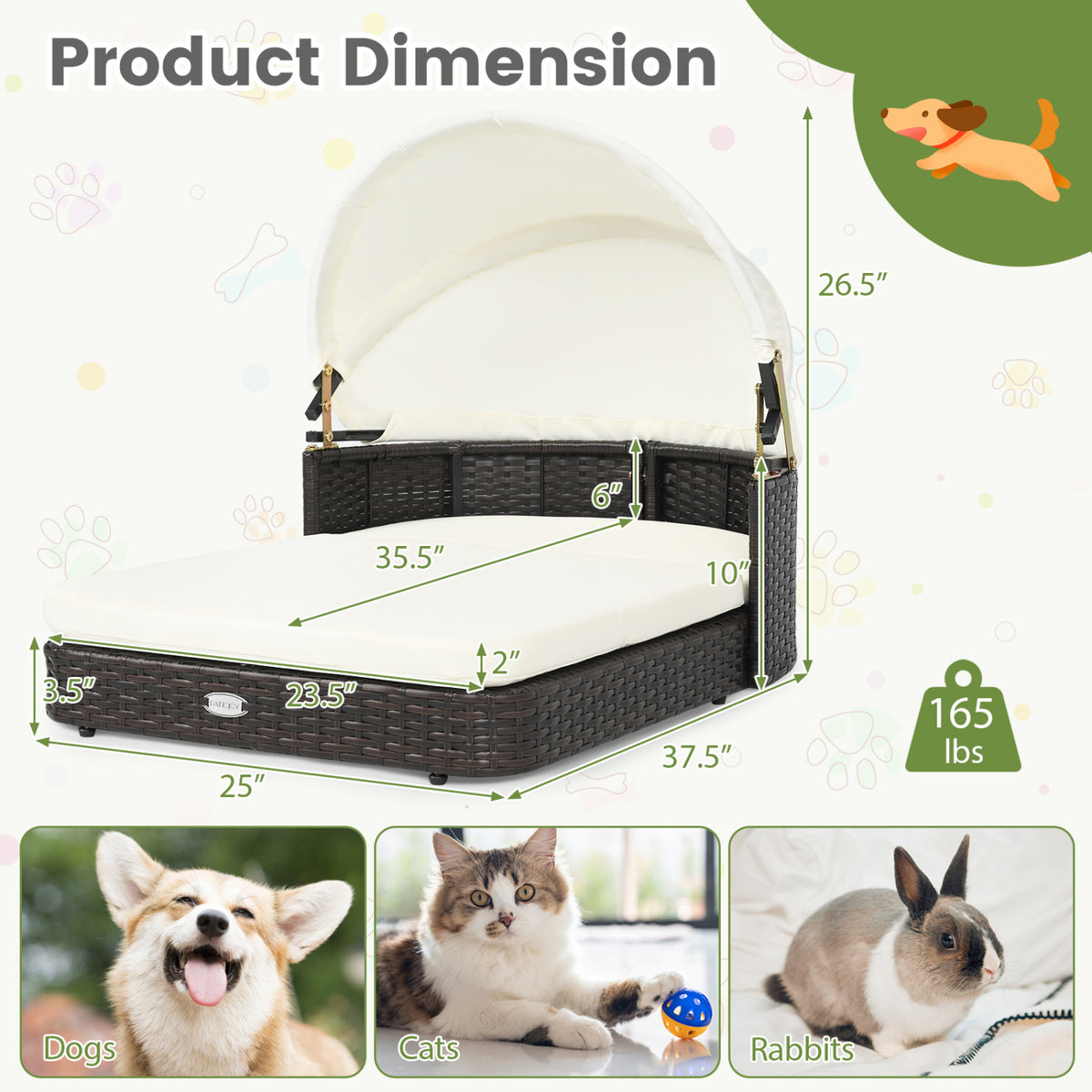 Handwoven Rattan Pet Daybed with 2 Detachable Soft Cushions for Small and Medium Dogs-White