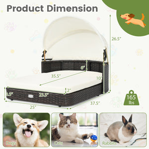 Handwoven Rattan Pet Daybed with 2 Detachable Soft Cushions for Small and Medium Dogs-White