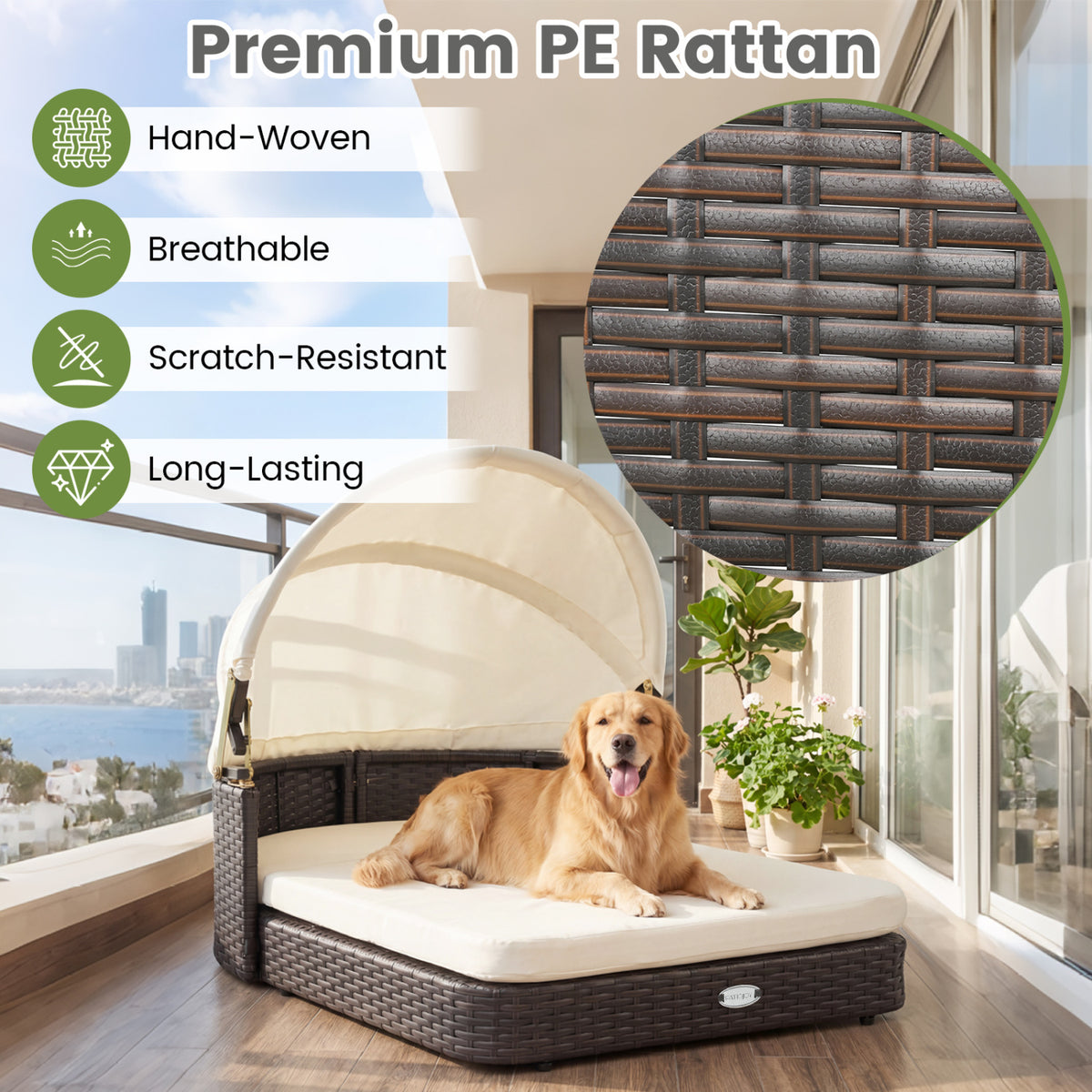 Handwoven Rattan Pet Daybed with 2 Detachable Soft Cushions for Small and Medium Dogs-White