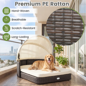 Handwoven Rattan Pet Daybed with 2 Detachable Soft Cushions for Small and Medium Dogs-White