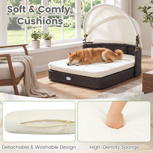 Handwoven Rattan Pet Daybed with 2 Detachable Soft Cushions for Small and Medium Dogs-White