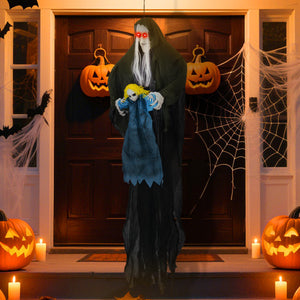 Hanging Halloween Decoration Sound-Activated Witch Holding Ghost Girl with Spooky Sounds