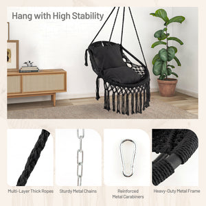 Hanging Hammock Chair with Soft Seat Cushions and Sturdy Rope Chain-Black