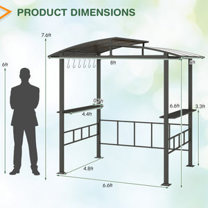 Hardtop Grill Gazebo with Vented Polycarbonate Roof Side Shelves-Black