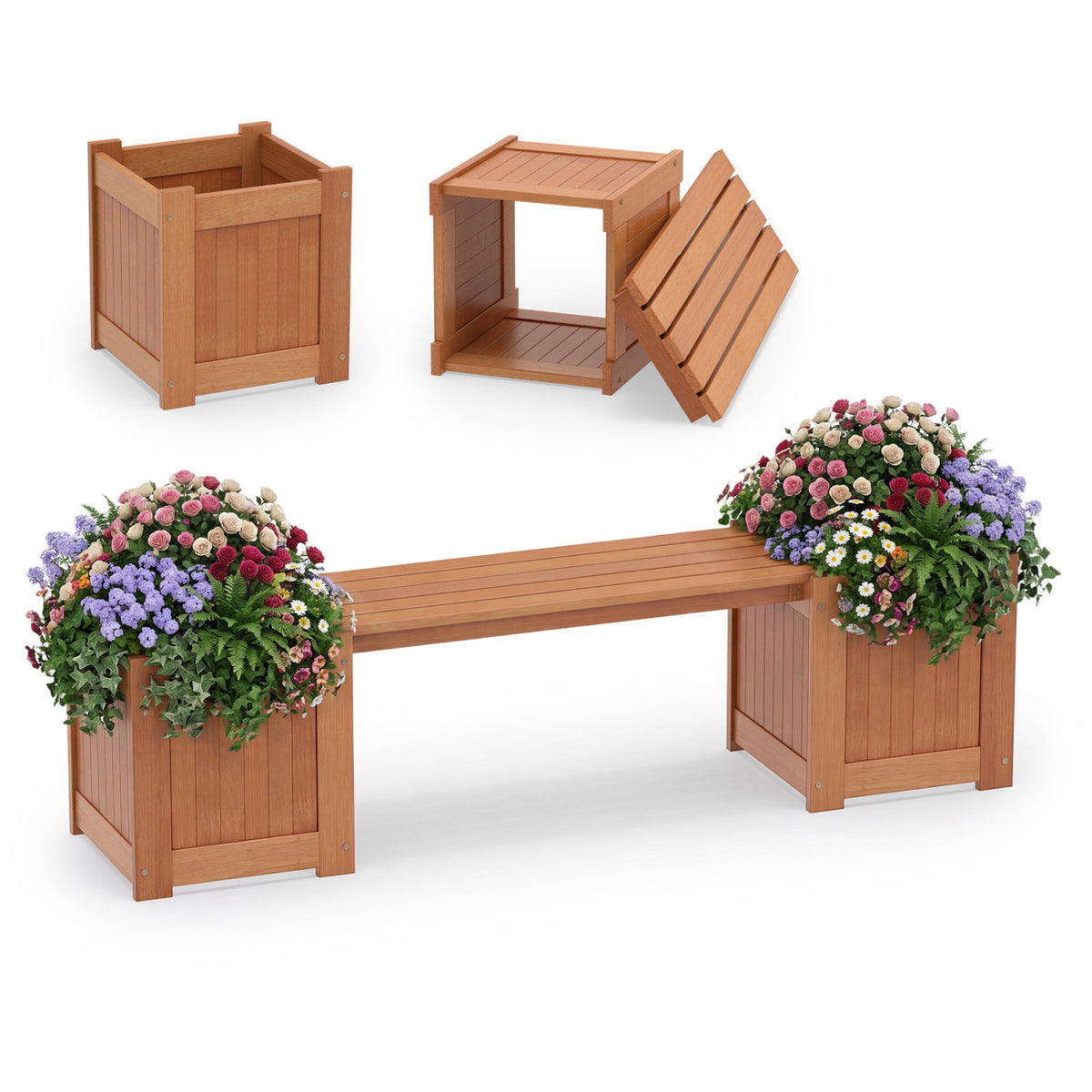 Hardwood Planter Box with Bench Garden Bench with 2 Side Flower Boxes