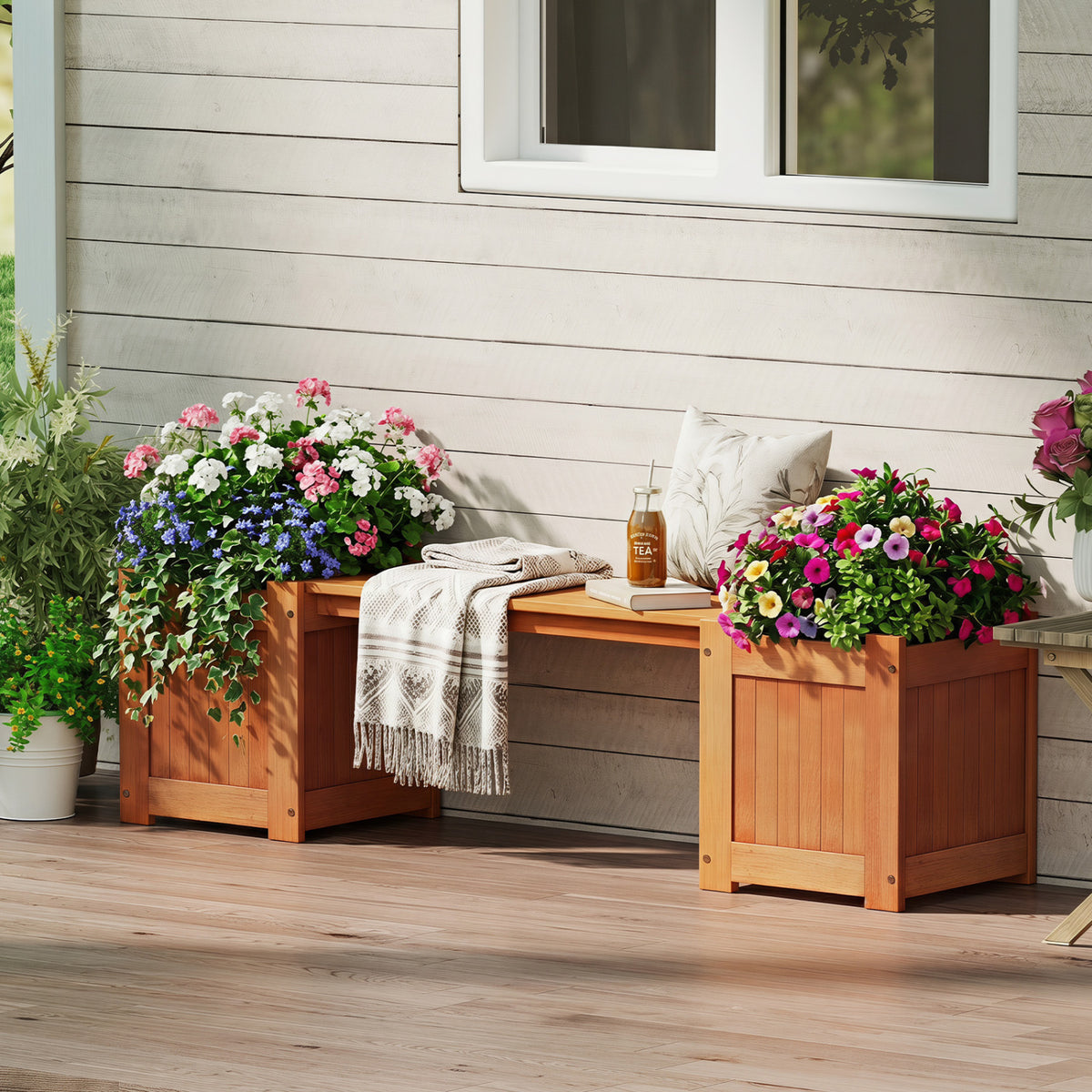 Hardwood Planter Box with Bench Garden Bench with 2 Side Flower Boxes