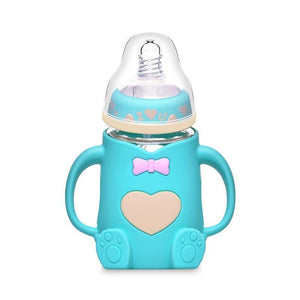 Infant Cartoon Baby Cute Feeding Glass Bottle Safe Silicone Milk Bottle With Handle Newborn Drink Training Colorful Feeding Bottles