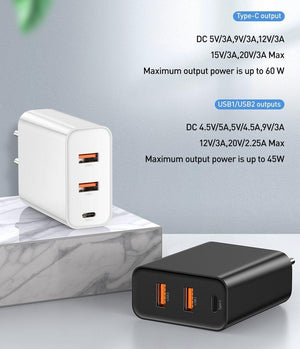 3 Ports USB Fast Charger 60W Support Quick Charge  Type-C PD Charger QC 4.0 3.0 Phone Charger